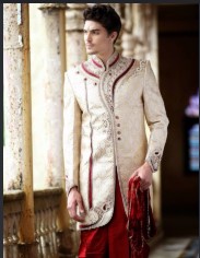 Cream and maroon sherwani